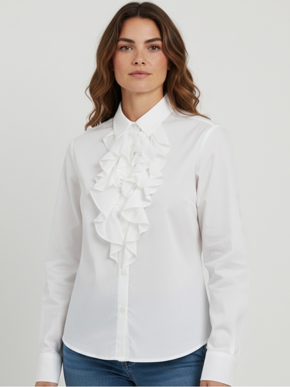 Lauren Ralph Lauren White Ruffle Front Button Down Blouse XS